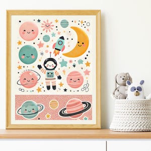 Impression d'art de chambre d'enfant d'aventure spatiale - astronaute mignon et planètes imprimables pour la décoration de chambre d'enfant ou de chambre d'enfant