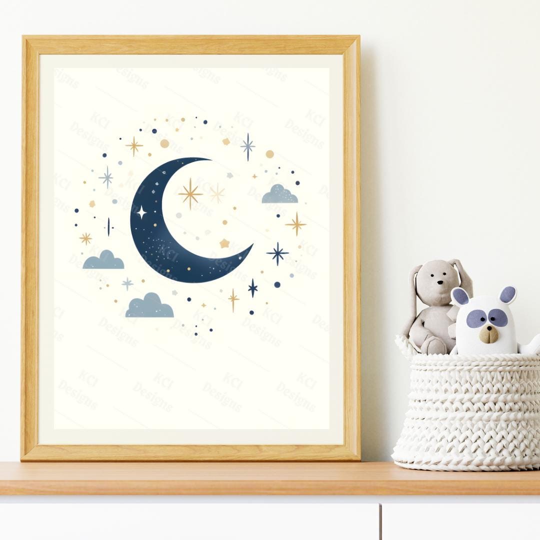Moon and Stars Nursery Art Print - Whimsical Night Sky Poster for Baby ...