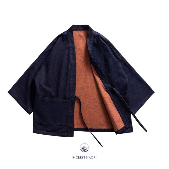 Indigo Orange | Original Design Reversible Japanese Kimono 3/4 Sleeve Haori Jacket