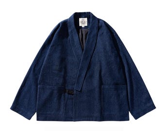 NAGI ｜Modern Blue Cotton Haori Jacket: Japanese Noragi with Metal Buckle