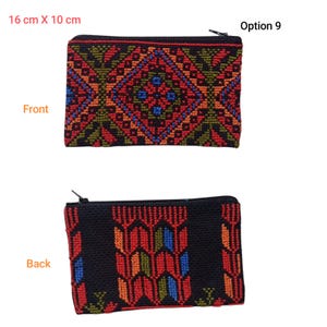 May include: Two views of a rectangular zippered pouch, 16 cm x 10 cm. The front features a geometric pattern in red, orange, green, and blue on a black background. The back has a different geometric pattern in red, orange, and blue. The text "Option 9" is visible.
