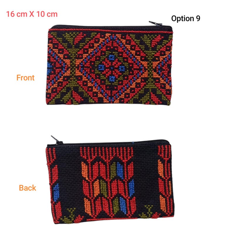 May include: Two views of a rectangular zippered pouch, 16 cm x 10 cm. The front features a geometric pattern in red, orange, green, and blue on a black background. The back has a different geometric pattern in red, orange, and blue. The text "Option 9" is visible.