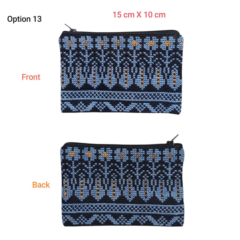 May include: Option 13. Two small, rectangular zippered pouches. The front and back of each pouch feature a detailed, embroidered pattern in black, light blue, and gold. Each pouch measures 15 cm x 10 cm (5.9 in x 3.9 in).