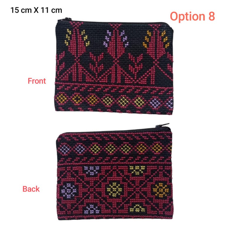 May include: Black and red embroidered zippered pouch, 15 cm x 11 cm. The front features a floral design with red, yellow, and purple accents. The back has a geometric pattern. Option 8 is indicated in the upper right corner.