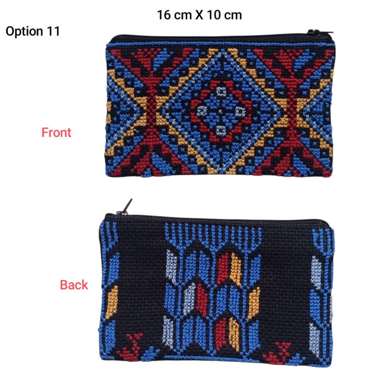 May include: A rectangular, zippered pouch with a detailed, geometric pattern. The front features a blue, red, and gold design, while the back is black with a blue, red, and gold pattern. The pouch measures 6.3 inches by 3.9 inches.