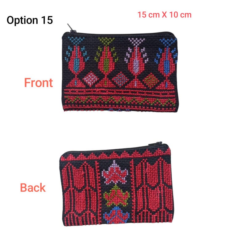 May include: Black embroidered coin purse, 15 cm x 10 cm, with a zipper closure. The front features a detailed pattern in red, blue, and green. The back has a red floral design. Option 15 is displayed.