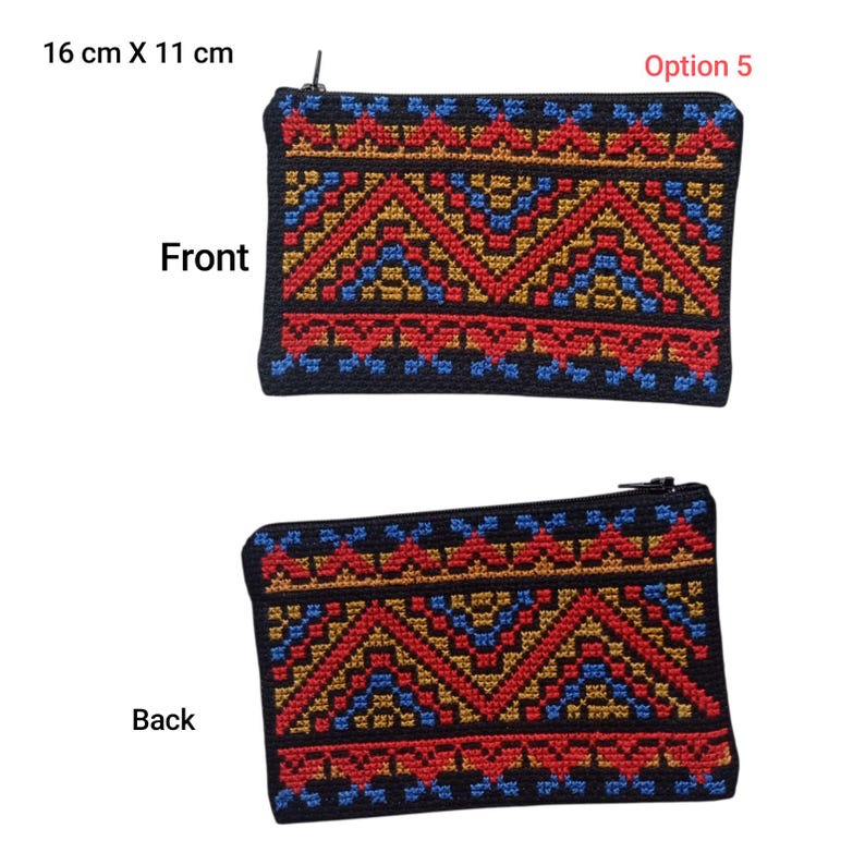May include: A black rectangular zippered pouch, 16 cm x 11 cm, with a geometric pattern in red, yellow, and blue. The front and back of the pouch are shown. The text "Option 5" is visible.