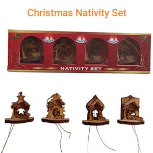 May include: A Christmas Nativity Set in a red box with gold accents. The box contains four wooden nativity scenes. Below the box are four individual wooden nativity ornaments with wire hangers.