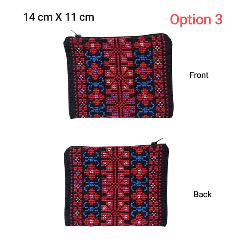 May include: Two embroidered pouches, each measuring 5.5 inches by 4.3 inches, with a red, blue, and black geometric pattern. The top pouch is labeled "Front," and the bottom pouch is labeled "Back." The text "Option 3" is also visible.