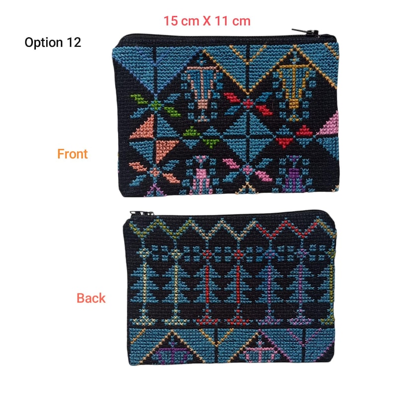 May include: A black embroidered pouch with a zipper closure, measuring 15 cm x 11 cm. The front features a geometric design in blue, pink, orange, and green. The back has a different geometric pattern in similar colors. The text "Option 12", "Front", and "Back" are visible.