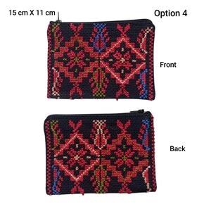 May include: Two black embroidered pouches, each 15 cm x 11 cm, with a zipper closure. The front and back of the pouches feature a red, blue, and green geometric pattern. The text "Option 4" is visible.