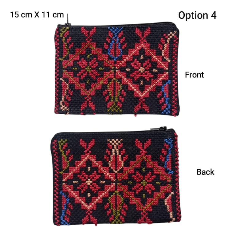 May include: Two black embroidered pouches, each 15 cm x 11 cm, with a zipper closure. The front and back of the pouches feature a red, blue, and green geometric pattern. The text "Option 4" is visible.