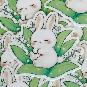 Sticker vinyle lapin (transparent), fleurs de muguet, art lapin mignon, sticker journal fixe pour ordinateur portable gourde, stickers imperméables
