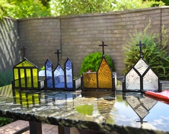 Stained Glass Church Suncatcher with Wooden Candle Holder - Christian Gift - Religious Decor - Tiffany Style Catholic Stained Glass
