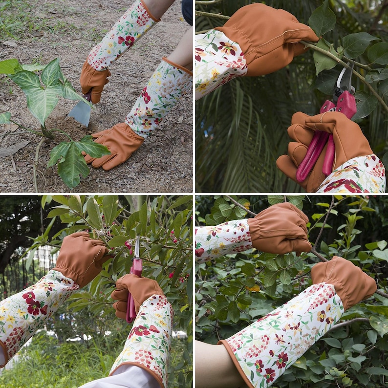 Pu&ograve; includere: Un paio di guanti da giardinaggio con stampa floreale e palmi in pelle marrone. I guanti sono mostrati mentre vengono utilizzati per potare piante e tagliare rami.