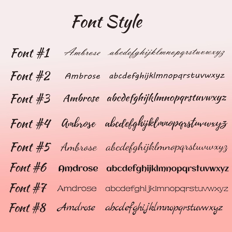 Pu&ograve; includere: Otto diversi stili di font per il nome "Ambrose" sono mostrati in testo nero su uno sfondo sfumato rosa. Gli stili di font sono numerati da 1 a 8.