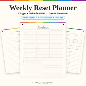 Könnte beinhalten: Ein Weekly Reset Planner als druckbares PDF mit 7 Seiten. Das Dokument enthält ein 7-Schritte-System, ein Wochenlayout mit farbcodierten Tagen, einen Tagesplan und einen Monatskalender. Das Design zeigt einen regenbogenfarbenen Rand und den Text Sednova's Creations.
