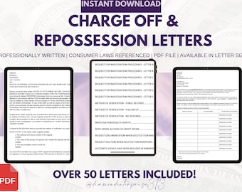 May include: A digital download of over 50 professionally written charge-off and repossession letters. The letters are designed to help consumers navigate the legal process of debt collection and repossession. The letters are available in PDF format and are ready to be printed in letter size.