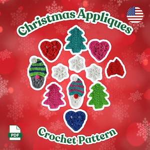 May include: A collection of colorful, crocheted Christmas appliqués, including hearts, trees, snowflakes, and gnome-like figures. The image features the text "Christmas Appliques" and "Crochet Pattern" on a red background with snowflake accents.