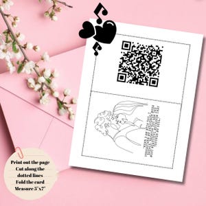 May include: A printable card with a line drawing of a couple kissing, a QR code, and the text "When I am with you, I understand my existence more deeply..." The card measures 5" x 7".