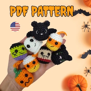 May include: A selection of handmade crochet Halloween amigurumi, including a pumpkin, ghost, candy corn, Frankenstein's monster, vampire, and black cat. The image includes the text "PDF PATTERN" and a US flag.