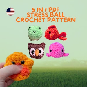 CROCHET PATTERN – Animal Stress Ball Bundle | No Sew Amigurumi | Frog, Owl, Chick, Octopus & Fish | Plushie PDF