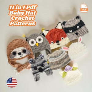 Pode incluir: Uma coleção de chapéus de bebê com desenhos de animais, incluindo uma preguiça, uma coruja, uma raposa, um guaxinim, um coala e um coelho. Os chapéus são de crochê em uma variedade de cores e texturas. O texto na imagem diz "11 in 1 Pdf Baby Hat Crochet Patterns."