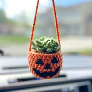 May include: A handmade orange crochet pumpkin with a black jack-o'-lantern face, holding a green plant. The pumpkin has an orange strap for hanging. A unique Halloween decoration.