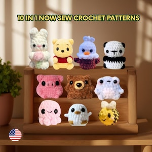 May include: A display of ten colourful, handmade crochet animal patterns, including a bunny, bear, panda, pig, and bee. The text "10 IN 1 NOW SEW CROCHET PATTERNS" is displayed at the top. The crochet animals are displayed on a wooden shelf.