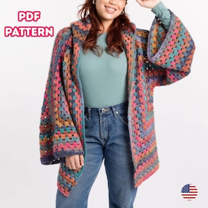 May include: A colorful, open-front crochet cardigan with a hood and wide sleeves. The garment features a granny square design in shades of pink, blue, orange, and green. The words "PDF PATTERN" are in the upper left corner.