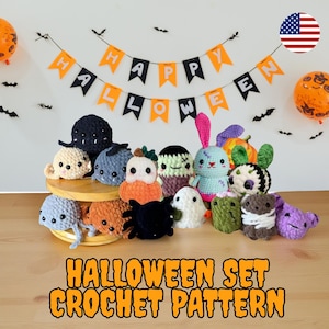 May include: A selection of handmade crochet Halloween characters, including ghosts, spiders, and pumpkins. The characters are displayed on a wooden stand, with a banner that reads "Happy Halloween". The text "Halloween Set Crochet Pattern" is also visible.