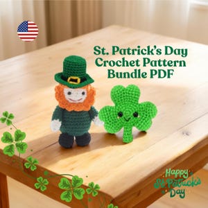 May include: A crochet pattern bundle for St. Patrick's Day, showing a green leprechaun doll with an orange beard and a green hat, and a green shamrock. The image includes the text "St. Patrick's Day Crochet Pattern Bundle PDF".