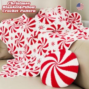 May include: A crocheted Christmas blanket and pillow set with a peppermint candy design. The blanket and pillow feature a white base with red spiral patterns. The text "Christmas Blanket & Pillow Crochet Pattern" is in the upper left corner.