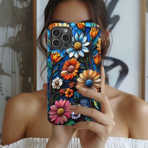 Stained Glass Lilies Phone Case, Floral 3D Mosaic Tough Case, Stained Glass Iridescent Pearl Effect Phonecase, iPhone Samsung Phone Cover