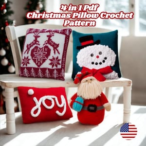 May include: A collection of Christmas-themed crochet pillows and a Santa Claus doll. The pillows feature festive designs, including reindeer, snowflakes, and a snowman. One pillow says "joy". The Santa doll is red with a white beard.