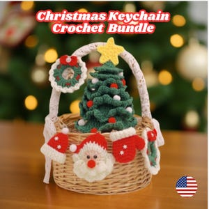May include: A wicker basket containing crocheted Christmas keychains. The keychains feature a Christmas tree, Santa Claus, a wreath, a hat, and a mitten. The text "Christmas Keychain Crochet Bundle" is visible above the basket.