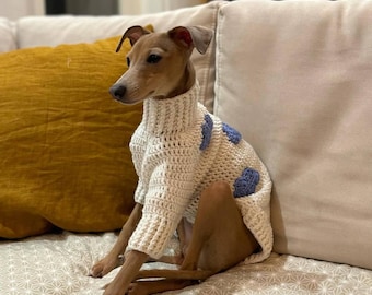 Op de afbeelding: Een kleine hond draagt een crèmekleurige, handgehaakte trui met blauwe hartvormige accenten. De hond zit op een bank met een patroon en een gele kussen. De trui heeft een coltrui en lange mouwen.
