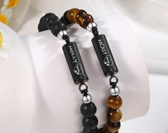 Personalized Pet Ashes Urn Bracelet, Mens Beaded Cremation Bracelet, Pet Memorial Bracelet, Pet Loss Gift, Cat Dog Hair Keepsake