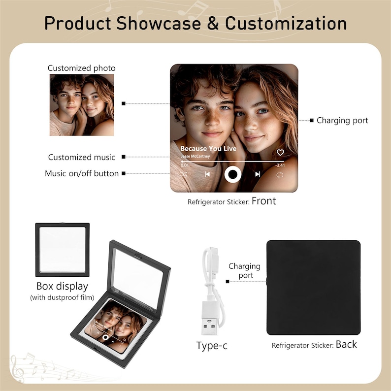 May include: A square refrigerator sticker featuring a customizable photo and music player interface. The front displays a portrait, song title, and playback controls. Includes a black display box with dustproof film, a Type-C charging cable, and a solid black back.