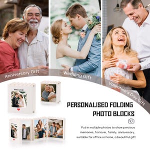 May include: White personalized folding photo blocks with photos of couples and the text "William & Jennifer". The blocks are displayed with images of a wedding, anniversary, and Valentine's Day. The text reads "Personalized Folding Photo Blocks".