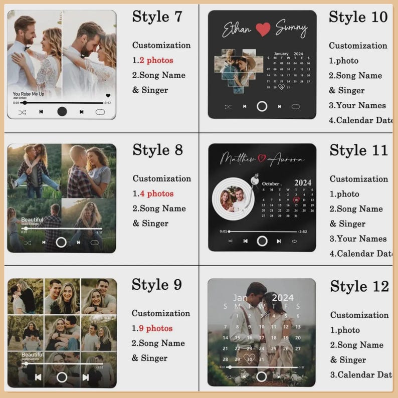 May include: A grid of six custom photo plaque designs labeled Style 7 through Style 12. Each square display features various photo collage layouts, calendar grids for 2024, song playback bars, and text fields for names, song titles, and artist names.