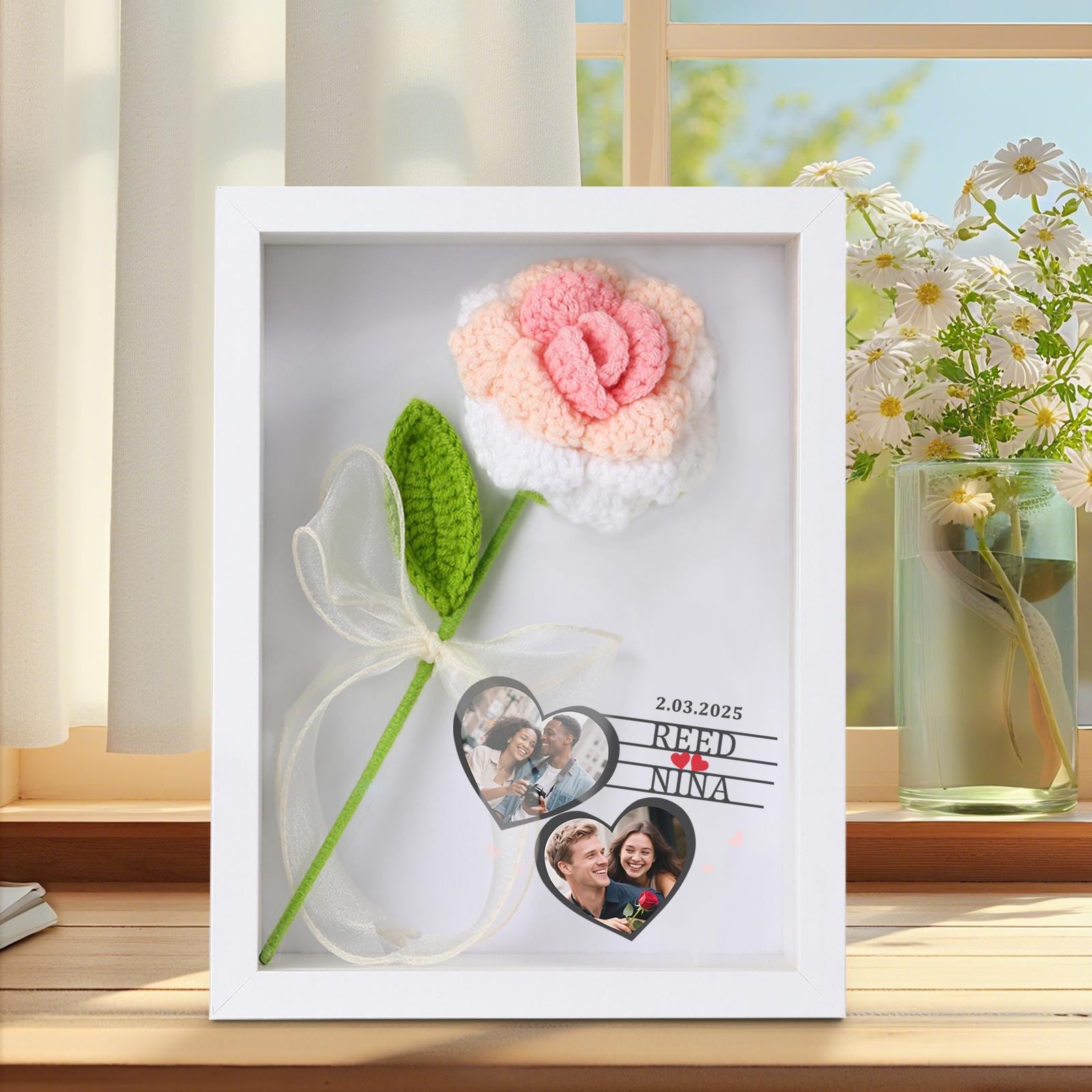 Crochet Flower Bouquet Shadow Box, Custom Sweet Photo Frame, Hand