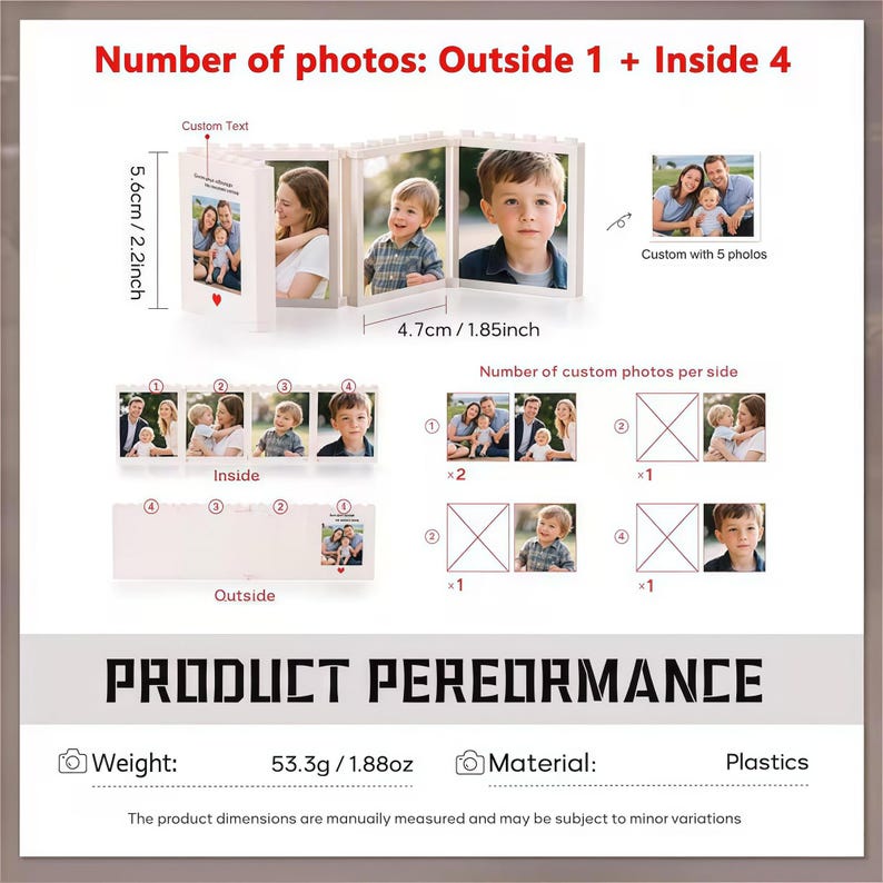 Personalized Foldable Photo Building Block Brick, Custom Picture Puzzle Building Block, Anniversary Gift for Him, Christmas Gift for Dad Outside 1+Inside 4