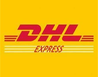 May include: The DHL Express logo features bold, red, sans-serif lettering on a vibrant yellow background. The letters DHL are centered, flanked by three horizontal red lines on each side, with the word EXPRESS positioned below in red.