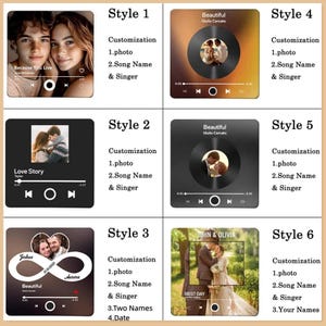 May include: A collection of six square custom music player plaques featuring various designs. Each plaque displays a central photo, song title, artist name, and playback controls. Styles include minimalist black interfaces, gradient backgrounds, and an infinity symbol.