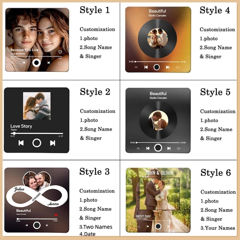 May include: A collection of six square custom music player plaques featuring various designs. Each plaque displays a central photo, song title, artist name, and playback controls. Styles include minimalist black interfaces, gradient backgrounds, and an infinity symbol.