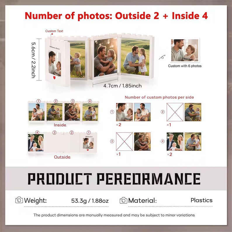 Personalized Foldable Photo Building Block Brick, Custom Picture Puzzle Building Block, Anniversary Gift for Him, Christmas Gift for Dad Outside 2 +Inside 4