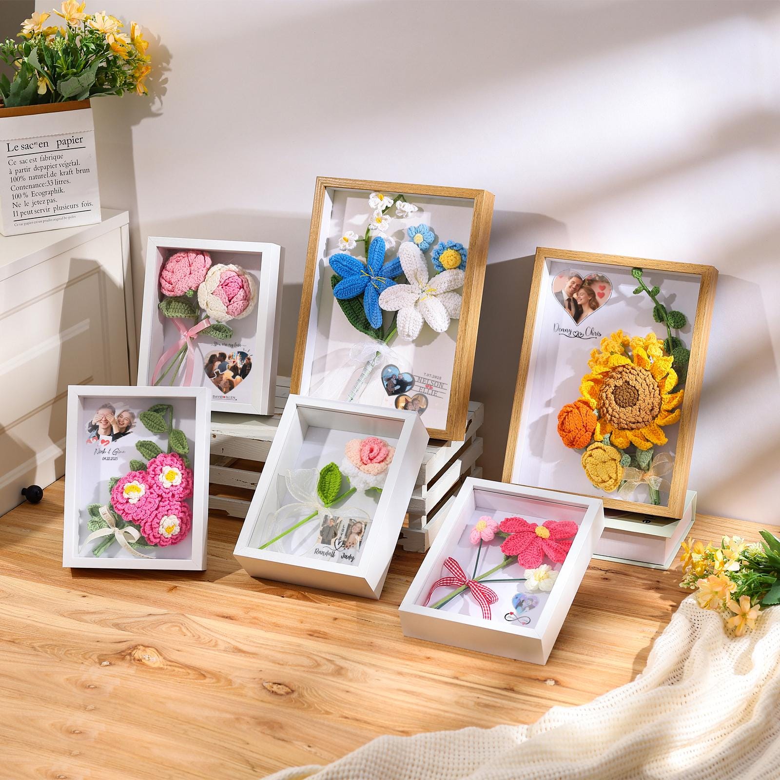 Crochet Flower Bouquet Shadow Box, Custom Sweet Photo Frame, Hand