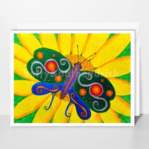 May include: A colorful painting of a butterfly with green and blue wings, orange and white accents, and a purple body. The butterfly is set against a bright yellow sunflower with green leaves.