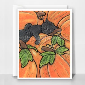 May include: A greeting card featuring a black cat sleeping on a pile of orange pumpkins. The pumpkins have green leaves and brown stems. The cat is curled up and appears to be napping peacefully. The card is white with a simple design.